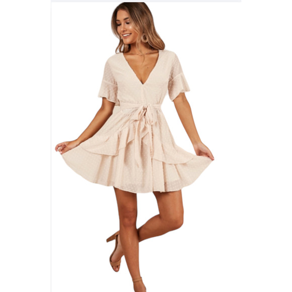 V-Neck RUFFLED Beige Swiss Dot Mini Dress - Showpo - Size 6 - Picture 2 of 7